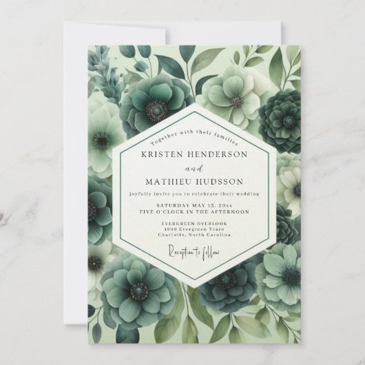 Teal Floral Opulent Romance Wedding 招待状 (正面)