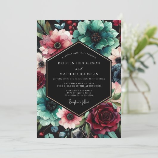 Teal Floral Opulent Wedding 招待状 (スタンド正面)