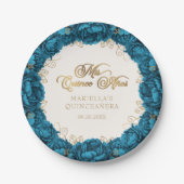 Teal Floral Quinceanera Paper Plates ペーパープレート (正面)