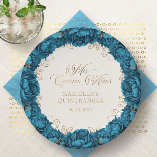 Teal Floral Quinceanera Paper Plates ペーパープレート