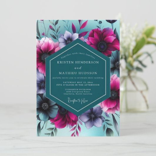 Teal Floral Whimsy Wedding 招待状 (スタンド正面)