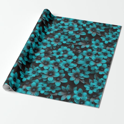 Teal Floral Wrapping Paper on Black ラッピングペーパー (アンロールド)
