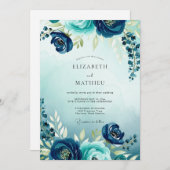 Teal Flourishing Watercolor Wedding 招待状 (正面/裏面)