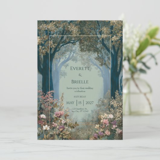 Teal Forest Archway Gold Frame Romantic Floral 招待状 (スタンド正面)