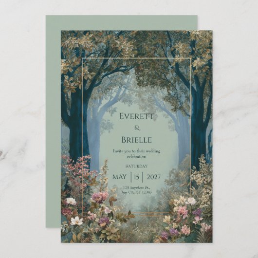 Teal Forest Archway Gold Frame Romantic Floral 招待状 (正面/裏面)