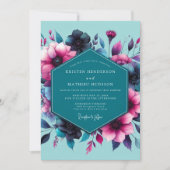 Teal Fuchsia Moody Bloom Wedding 招待状 (正面)