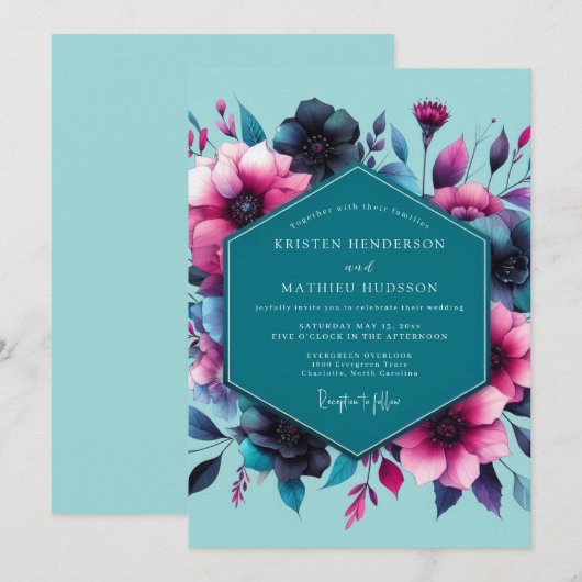 Teal Fuchsia Moody Bloom Wedding 招待状 (正面/裏面)