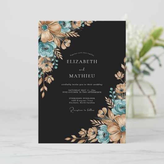 Teal Gilded Botanical Romance Wedding 招待状 (スタンド正面)