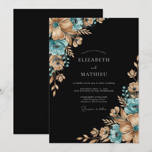 Teal Gilded Botanical Romance Wedding 招待状 (正面/裏面)