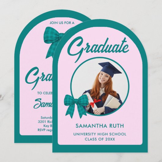 Teal Gingham Bow Arch Photo Graduation Party 招待状 (正面/裏面)