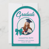 Teal Gingham Bow Arch Photo Graduation Party 招待状 (正面)