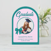 Teal Gingham Bow Arch Photo Graduation Party 招待状 (スタンド正面)