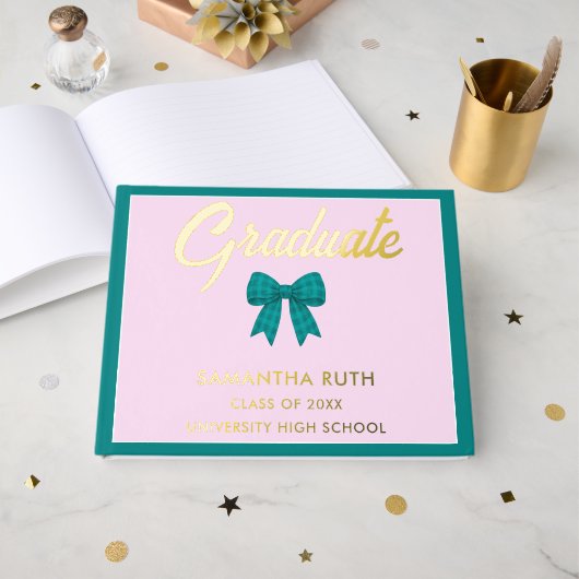 Teal Gingham Bow Graduation Party ゲストブック (正面見開き)