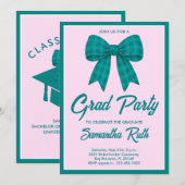 Teal Gingham Bow Graduation Party 招待状 (正面/裏面)