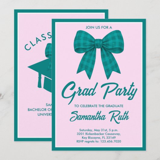 Teal Gingham Bow Graduation Party 招待状 (正面/裏面)