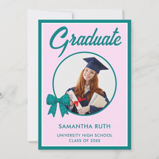 Teal Gingham Bow Photo Graduation 案内状 (正面)