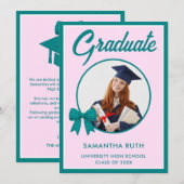 Teal Gingham Bow Photo Graduation 案内状 (正面/裏面)
