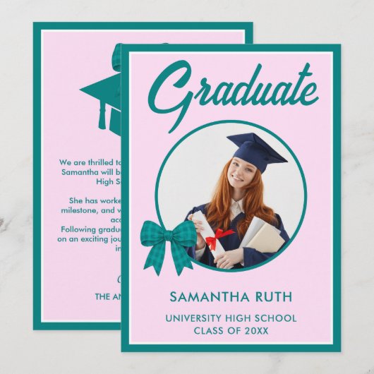 Teal Gingham Bow Photo Graduation 案内状 (正面/裏面)