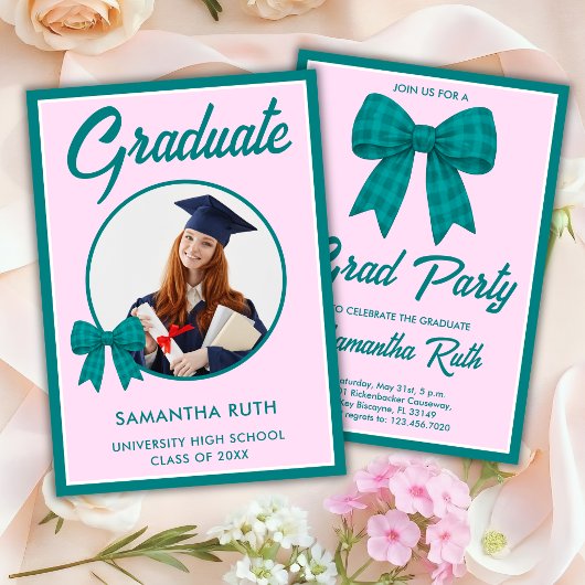 Teal Gingham Bow Photo Graduation Party 招待状