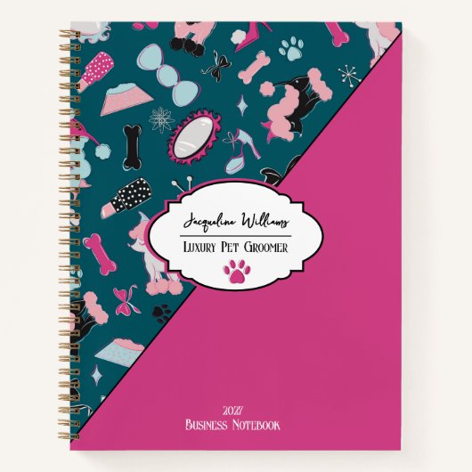 Teal Girly Mid-Century Pet Groomer ノートブック (正面)