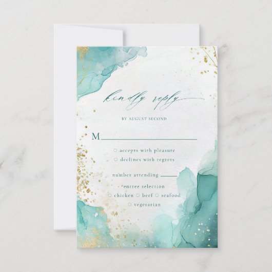 Teal Gold Abstract Beach Wedding Meal Options 出欠カード (正面)