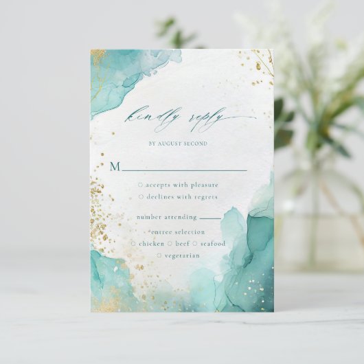 Teal Gold Abstract Beach Wedding Meal Options 出欠カード (スタンド正面)