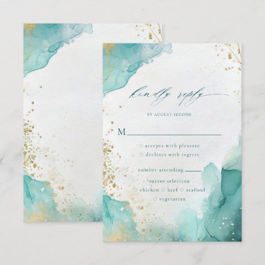 Teal Gold Abstract Beach Wedding Meal Options 出欠カード (正面/裏面)