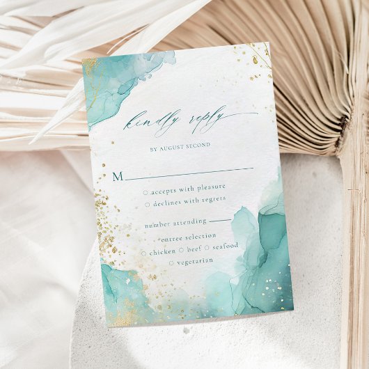 Teal Gold Abstract Beach Wedding Meal Options 出欠カード