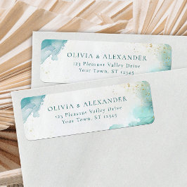 Teal Gold Abstract Beach Wedding Return Address ラベル