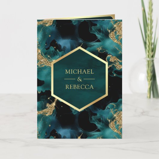 Teal Gold Abstract Fluid Ink QR Code Wedding 招待状 (正面)
