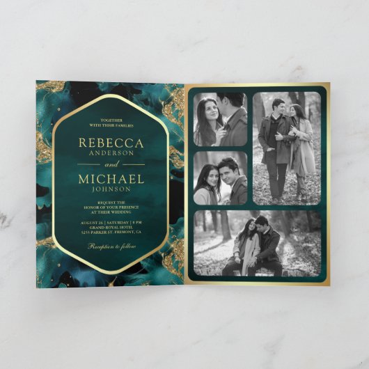 Teal Gold Abstract Fluid Ink QR Code Wedding 招待状 (内部)