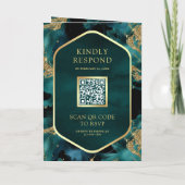 Teal Gold Abstract Fluid Ink QR Code Wedding 招待状 (裏面)