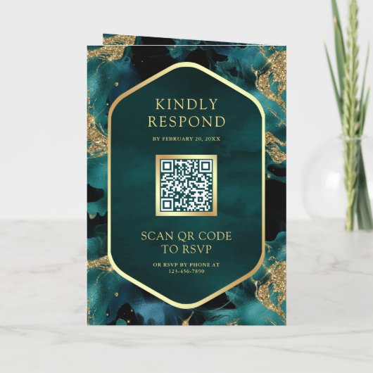 Teal Gold Abstract Fluid Ink QR Code Wedding 招待状 (裏面)