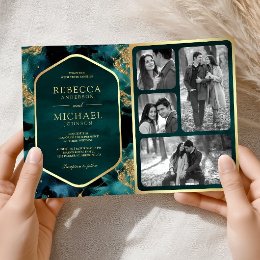 Teal Gold Abstract Fluid Ink QR Code Wedding 招待状