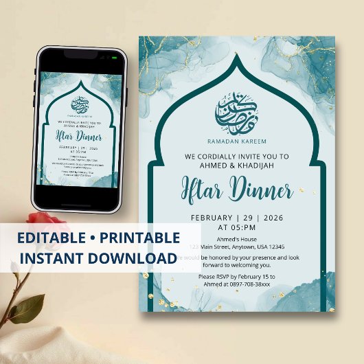 Teal Gold Abstract Ramadan Iftar Dinner Invitation 招待状