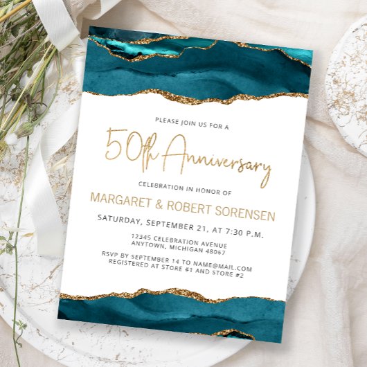 Teal Gold Agate 50th Anniversary Invitation ポストカード