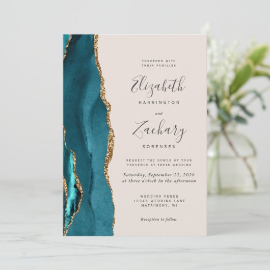 Teal Gold Agate Beige Wedding 招待状 (スタンド正面)