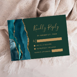 Teal Gold Agate Emerald Green Wedding RSVP Card
