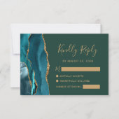 Teal Gold Agate Emerald Green Wedding RSVP Card (正面)