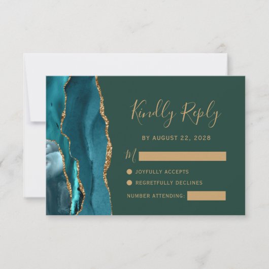 Teal Gold Agate Emerald Green Wedding RSVP Card (正面)