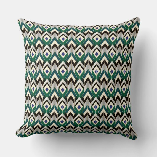 Teal Gold Art Deco Chevron Pattern クッション (正面)