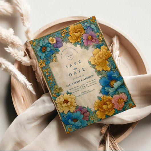 Teal Gold Botanical Wedding セーブザデート