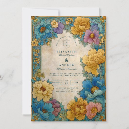 Teal Gold Botanical Wedding 招待状 (正面)