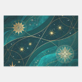 Teal Gold Celestial Floral Marble Abstract Design ラッピングペーパーシート (正面2)