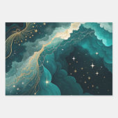 Teal Gold Celestial Floral Marble Abstract Design ラッピングペーパーシート (正面)