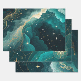 Teal Gold Celestial Floral Marble Abstract Design ラッピングペーパーシート