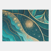 Teal Gold Celestial Floral Marble Abstract Design ラッピングペーパーシート (正面)