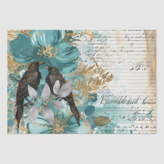 Teal & Gold Distressed Floral & Ravens 薄葉紙 (正面)