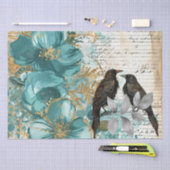 Teal & Gold Distressed Floral & Ravens 薄葉紙 (クラフト)