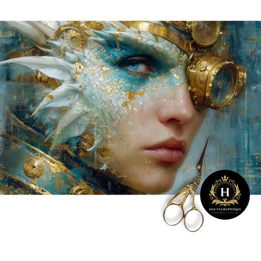 Teal Gold Dragon Woman Steampunk Decoupage Art 薄葉紙